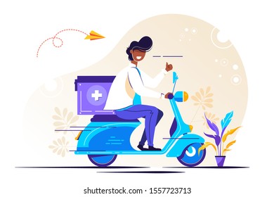 male doctor in uniform riding scooter with medical surgical box first aid concept isolated flat horizontal copy space vector illustration