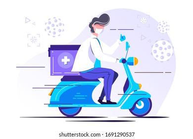 male doctor in uniform riding scooter with medical surgical box first aid concept isolated flat horizontal copy space vector illustration