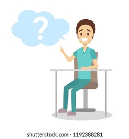 Male doctor in uniform sitting at the desk. Medical worker asking a question in a speech bubble. Isolated flat vector illustration