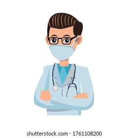 male doctor using medical mask vector illustration design