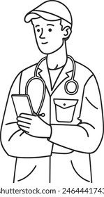 Un doctor masculino que usa smartphone, atención médica, comunicación, eficacia, Ilustración vectorial de arte lineal, arte lineal moderno. 