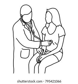 Male doctor using a stethoscope to listen the stomach of female patient vector illustration sketch hand drawn with black lines, isolated on white background. Medical concept.