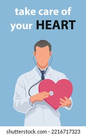 Male doctor using stethoscope on big red heart vector illustration infographic.