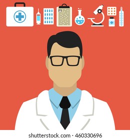 Male doctor vector. Medical icons set for web and mobile application. Flat design style.