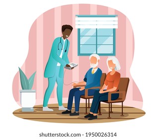 Male Doctor Is Visiting Elderly People Family Couple And Measuring Their Blood Pressure. Old Grandmother Receiving Help Healthcare At Home. Flat Cartoon Vector Illustration