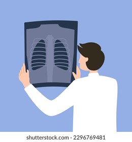 Male doctor watching lung Xray film in flat design. Chest rib skeleton in medical radiology X-ray film.