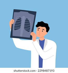 Médico masculino viendo la película de rayos X pulmonares en diseño plano. Esqueleto de costilla de pecho en película de rayos X de radiología médica.