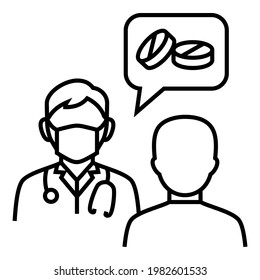 Male Doctor wear stethoscope talking consultation communcation with patient about medicine icon design. Bubble chat and pills vector illustration.