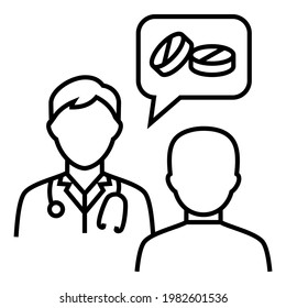 Male Doctor wear stethoscope talking consultation communcation with patient about medicine icon design. Bubble chat and pills vector illustration.