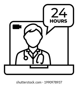 Male Doctor wear stethoscope talking in video conference about 24 hours health service icon design. Laptop and bubble chat symbol vector illustration.