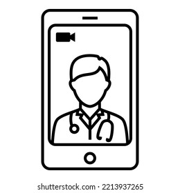 Male Doctor wear stethoscope talking consultation with patient on smartphone cam icon design. Web camera on mobile phone chat symbol vector illustration.