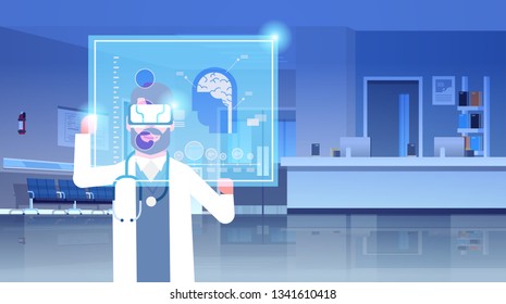 male doctor wearing digital glasses examining virtual reality brain human organ anatomy medical vr headset vision concept hospital office interior portrait horizontal