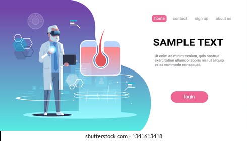 male doctor wearing digital glasses virtual reality hair follicle human organ anatomy medical vr headset vision concept full length horizontal copy space