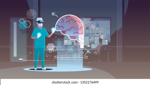 male doctor wearing digital glasses looking virtual reality brain human organ anatomy healthcare medical vr headset vision concept hospital operating room interior full length horizontal