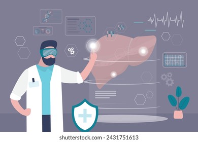 Male doctor wearing digital glasses looking virtual reality liver. Human organ anatomy, healthcare, medical vr headset vision. Operation room interior. VR assistance laser operation. flat vector 