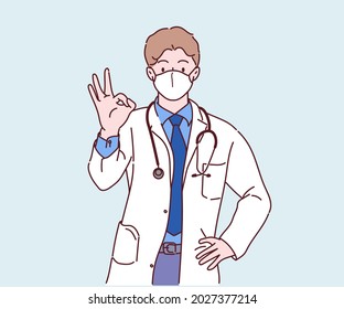 Male doctor wearing face mask and showing OK sign, smiling and confident. Hand drawn in thin line style, vector illustration. (A Mask can be removable)