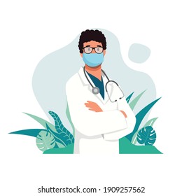 A male doctor wearing glasses and curly hair carrying a stethoscope is fighting the corona virus. with a background of flowers and leaves.