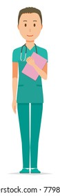 A male doctor wearing a green scrub has a file