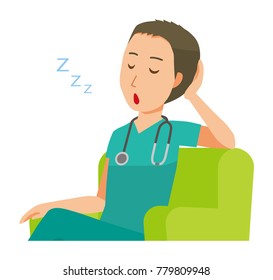 A male doctor wearing a green scrub sits on a sofa and is falling asleep