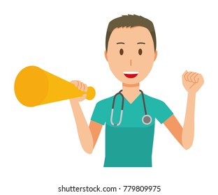 A male doctor wearing a green scrub has a megaphone