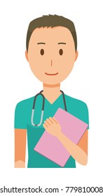 A male doctor wearing a green scrub has a file