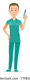 A male doctor wearing a green scrub has a syringe
