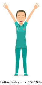 A male doctor wearing a green scrub raises his hands