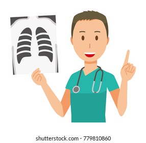 A male doctor wearing a green scrub has an X-ray picture