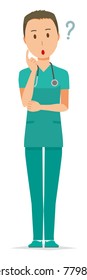 A male doctor wearing a green scrub is thinking