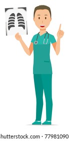 A male doctor wearing a green scrub has an X-ray picture