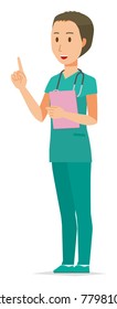 A male doctor wearing a green scrub is holding a file and pointing it