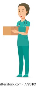 A male doctor wearing a green scrub has a cardboard box