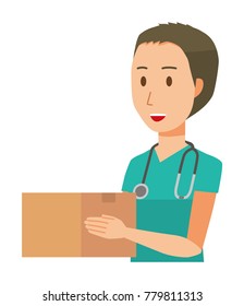 A male doctor wearing a green scrub has a cardboard box