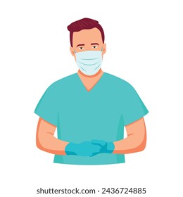 Male doctor wearing a mask in flat style. Medical personnel are ready to help. Profession to help. Save human life.
 EPS10
