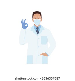 A male doctor wearing mask, standing with their right hand raised, as if to say 'Everything is okay, everysing is fine.' 