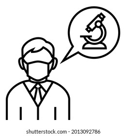 Male doctor, wearing mask, talking corona virus covid 19 research icon design. Bubble chat with microscope vector illustration.