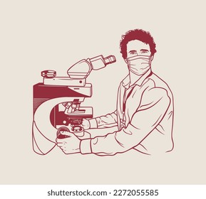 Male doctor wearing a mask using a microscope in the laboratory. Vector illustration