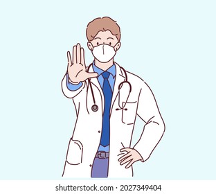 Male doctor wearing medical face mask, he showing hands in stop gesture. Infection control concept. Hand drawn in thin line style, vector illustrations. (A Mask can be removable)