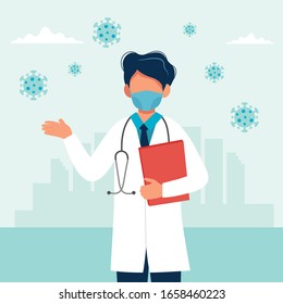 Male doctor wearing a medical mask. Coronavirus COVID-19 prevention concept. Vector illustration in flat style