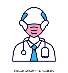 male doctor wearing medical mask with stethoscope line and fill style icon vector illustration design