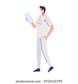 male doctor wearing medical mask with documents vector illustration design