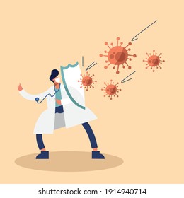 male doctor wearing medical mask with shield and virus particles vector illustration design