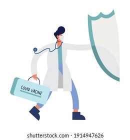 male doctor wearing medical mask with shield and covid19 vaccine vector illustration design