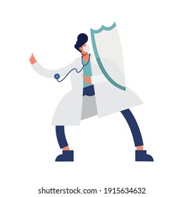 male doctor wearing medical mask with shield and stethoscope vector illustration design