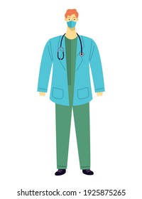male doctor wearing medical mask and blue coat with stethoscope vector illustration design