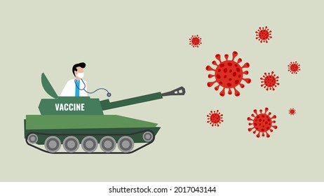 Médico masculino con mascarilla médica partículas de virus de combate con tanque militar vectores ilustración de caricatura