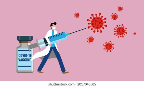 Male doctor wearing medical mask with syringe and vaccine fighting virus particles vector illustration