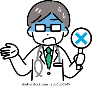A male doctor wearing a white coat explaining with a pale face