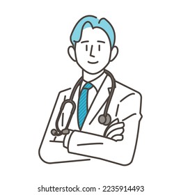 Male doctor in white coat with arms folded: concept of a career change or medical practitioner [vector illustration