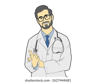 Male doctor in a white coat and glasses for vision and a stethoscope looks at the camera smile